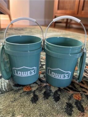Two Lowe’s Teal Mini Buckets with lids